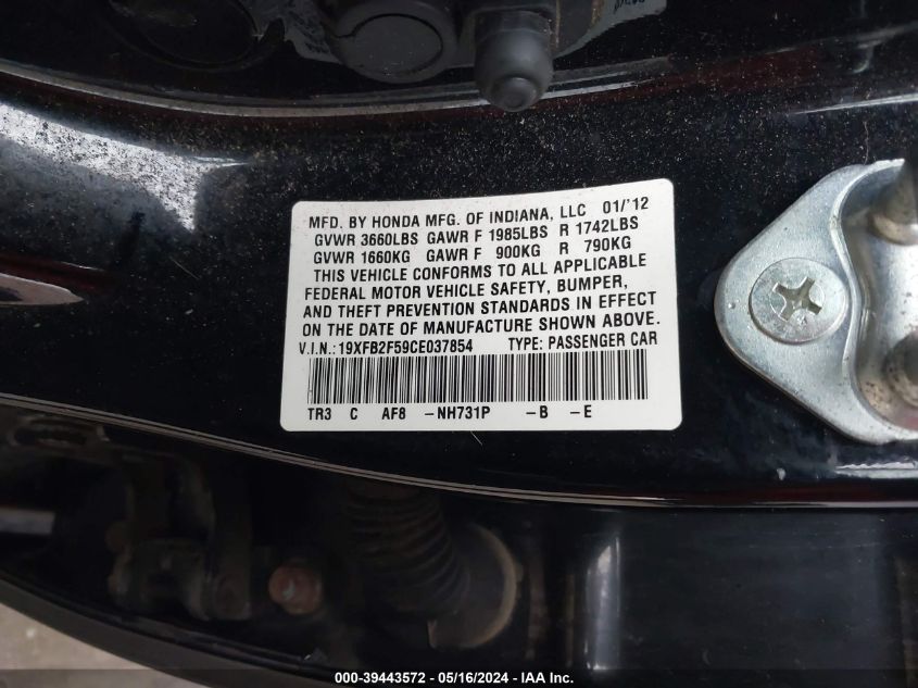 2012 Honda Civic Lx VIN: 19XFB2F59CE037854 Lot: 39443572