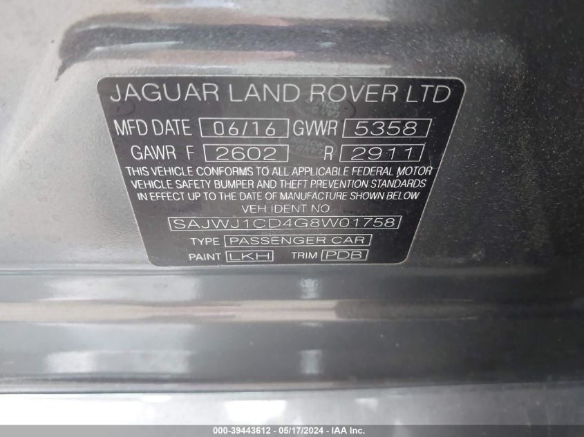 2016 Jaguar Xj R-Sport VIN: SAJWJ1CD4G8W01758 Lot: 39443612