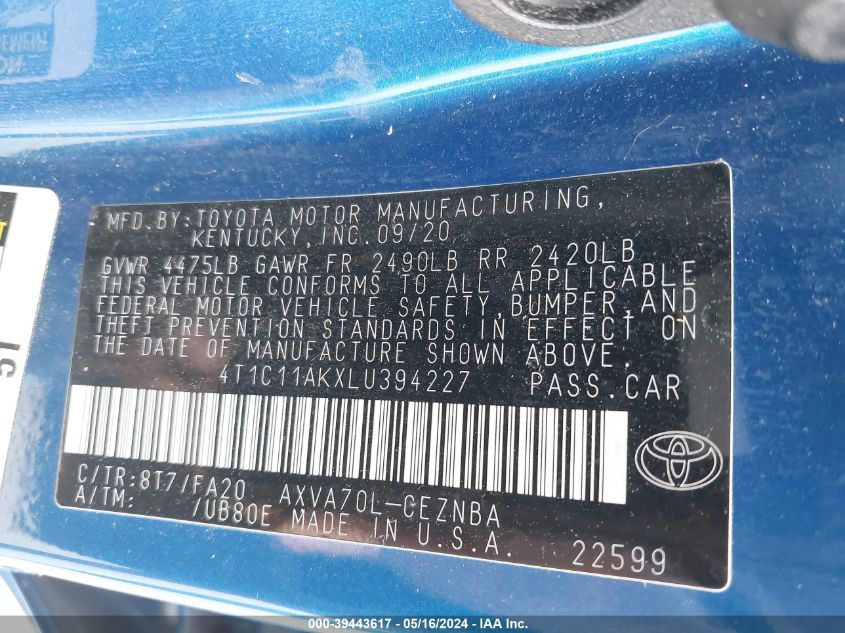 2020 Toyota Camry Le VIN: 4T1C11AKXLU394227 Lot: 39443617