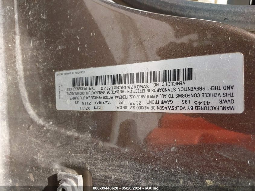 2012 Volkswagen Jetta 2.5L Se VIN: 3VWBX7AJ3CM013120 Lot: 39443620