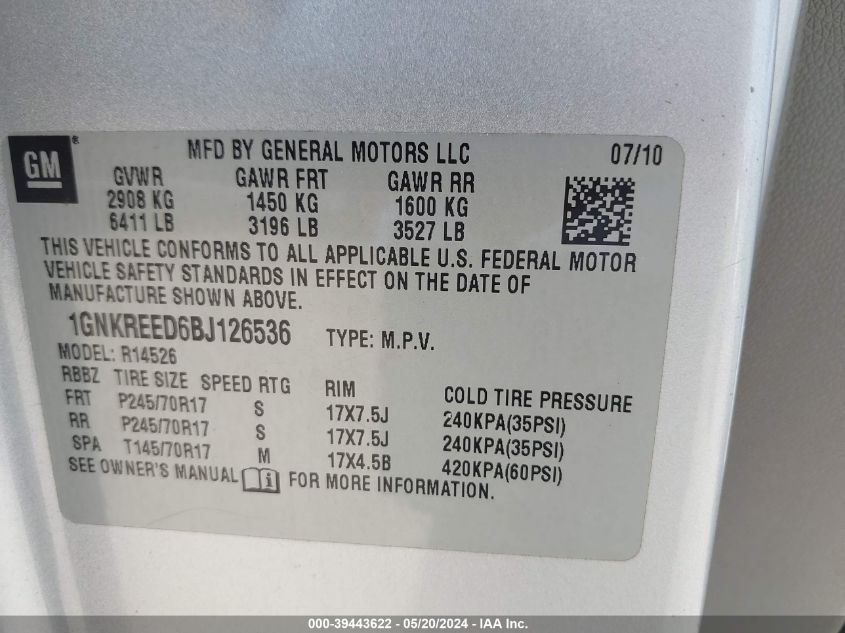 2011 Chevrolet Traverse Ls VIN: 1GNKREED6BJ126536 Lot: 39443622