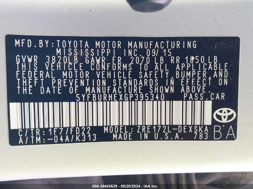 2016 Toyota Corolla S Plus VIN: 5YFBURHEXGP395340 Lot: 39443629