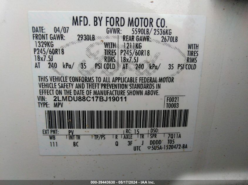 2007 Lincoln Mkx VIN: 2LMDU88C17BJ19011 Lot: 39443630