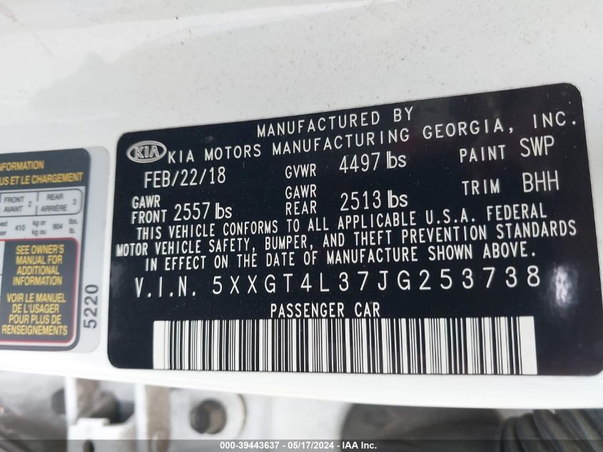 2018 Kia Optima Lx VIN: 5XXGT4L37JG253738 Lot: 39443637