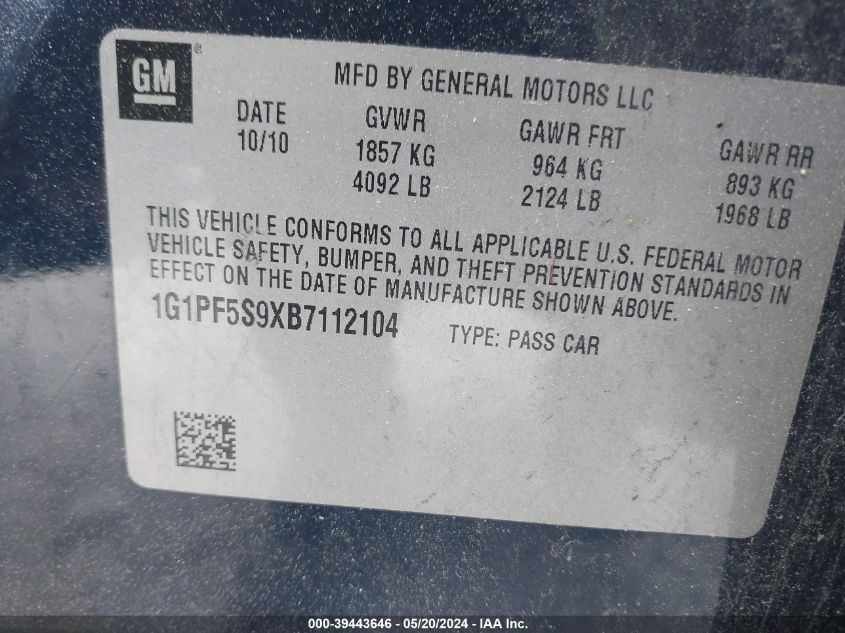 2011 Chevrolet Cruze 1Lt VIN: 1G1PF5S9XB7112104 Lot: 39443646