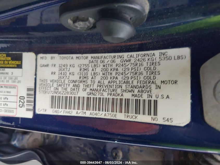 2006 Toyota Tacoma Prerunner V6 VIN: 5TEKU72N56Z283017 Lot: 39443647