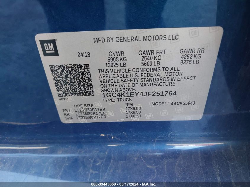 2018 Chevrolet Silverado 3500Hd High Country VIN: 1GC4K1EY4JF251764 Lot: 39443659