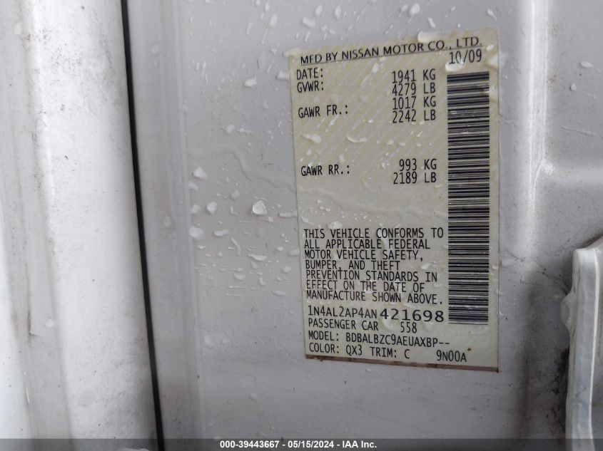 2010 Nissan Altima 2.5 S VIN: 1N4AL2AP4AN421698 Lot: 39443667