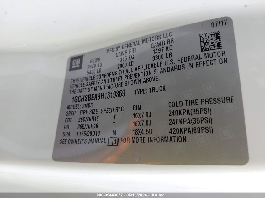 2017 Chevrolet Colorado Wt VIN: 1GCHSBEA8H1319369 Lot: 39443677