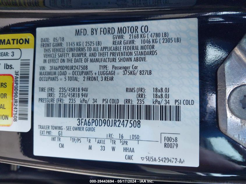 2018 Ford Fusion Titanium VIN: 3FA6P0D90JR247508 Lot: 39443694