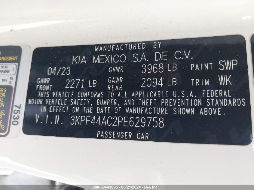 2023 Kia Forte Gt VIN: 3KPF44AC2PE629758 Lot: 39443695