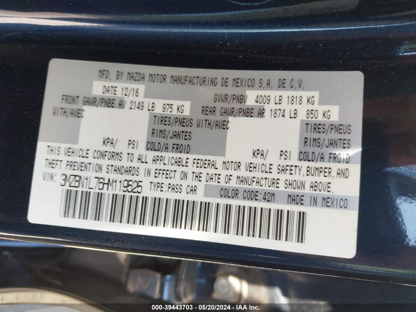 2017 Mazda Mazda3 Touring VIN: 3MZBN1L76HM119525 Lot: 39443703
