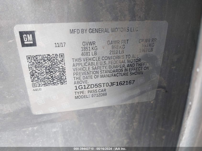 2018 Chevrolet Malibu Lt VIN: 1G1ZD5ST0JF162167 Lot: 39443710