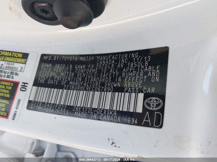 2014 Toyota Corolla S Plus VIN: 2T1BURHE9EC067890 Lot: 39443713