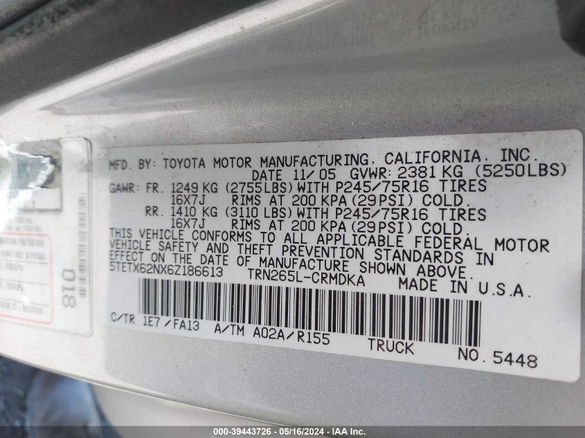 2006 Toyota Tacoma Prerunner VIN: 5TETX62NX6Z186613 Lot: 39443726