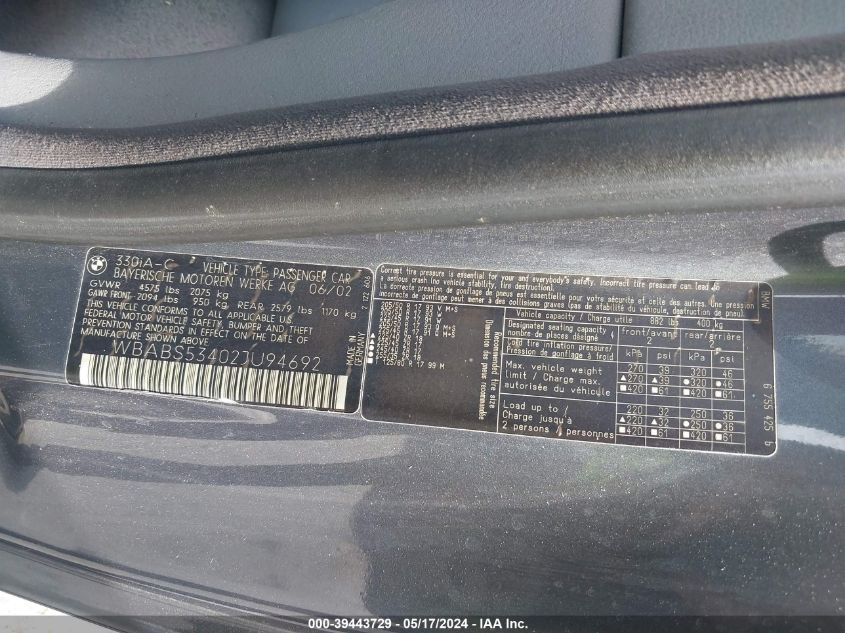 2002 BMW 330Ci VIN: WBABS53402JU94692 Lot: 39443729