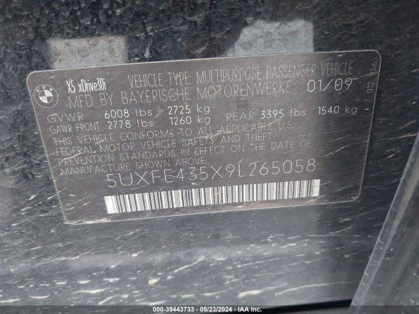2009 BMW X5 xDrive30I VIN: 5UXFE435X9L265058 Lot: 39443733