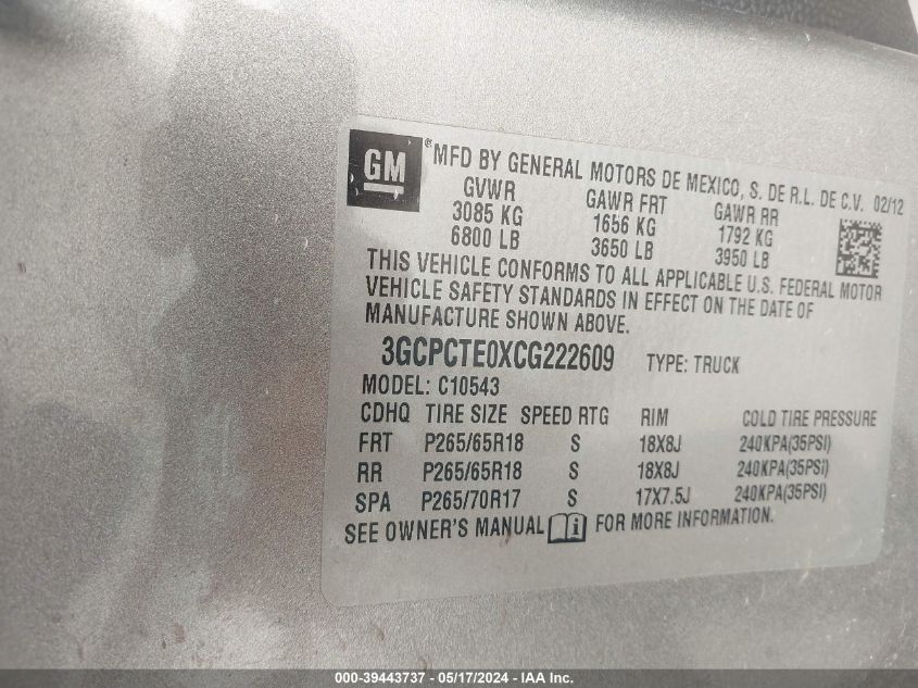 2012 Chevrolet Silverado 1500 Ltz VIN: 3GCPCTE0XCG222609 Lot: 39443737