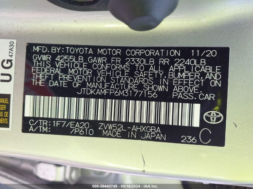 2021 Toyota Prius Prime Xle VIN: JTDKAMFP6M3177156 Lot: 39443749