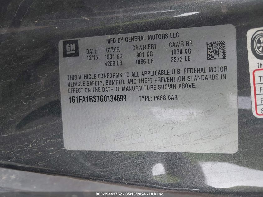 2016 Chevrolet Camaro 1Lt VIN: 1G1FA1RS7G0134699 Lot: 39443752