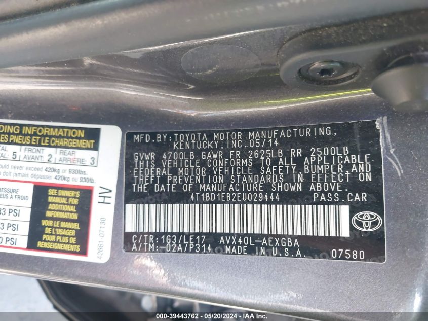 2014 Toyota Avalon Hybrid Xle Touring VIN: 4T1BD1EB2EU029444 Lot: 39443762