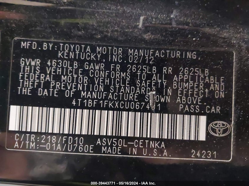 2012 Toyota Camry Le VIN: 4T1BF1FKXCU067431 Lot: 39443771