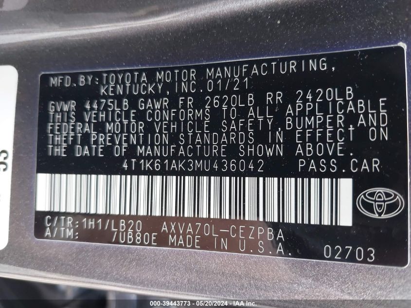 2021 Toyota Camry Xse VIN: 4T1K61AK3MU436042 Lot: 39443773