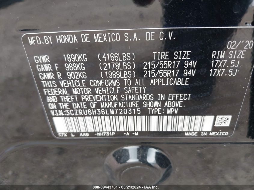2020 Honda Hr-V Awd Lx VIN: 3CZRU6H36LM720315 Lot: 39443781