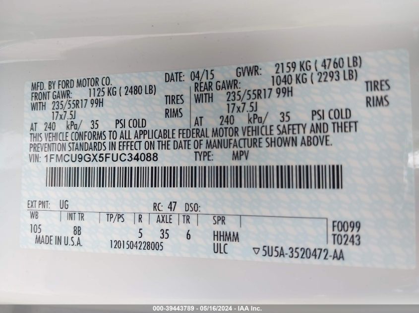 2015 Ford Escape Se VIN: 1FMCU9GX5FUC34088 Lot: 39443789