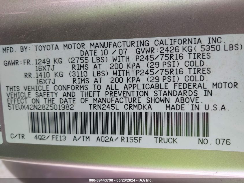 2008 Toyota Tacoma VIN: 5TEUX42N28Z501982 Lot: 39443790