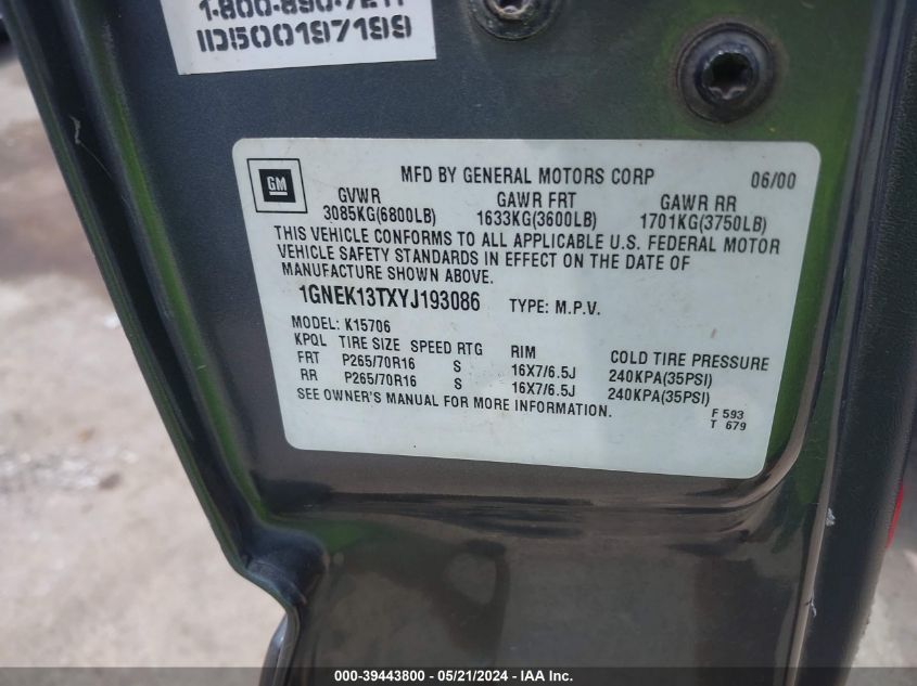 2000 Chevrolet Tahoe All New Ls VIN: 1GNEK13TXYJ193086 Lot: 39443800