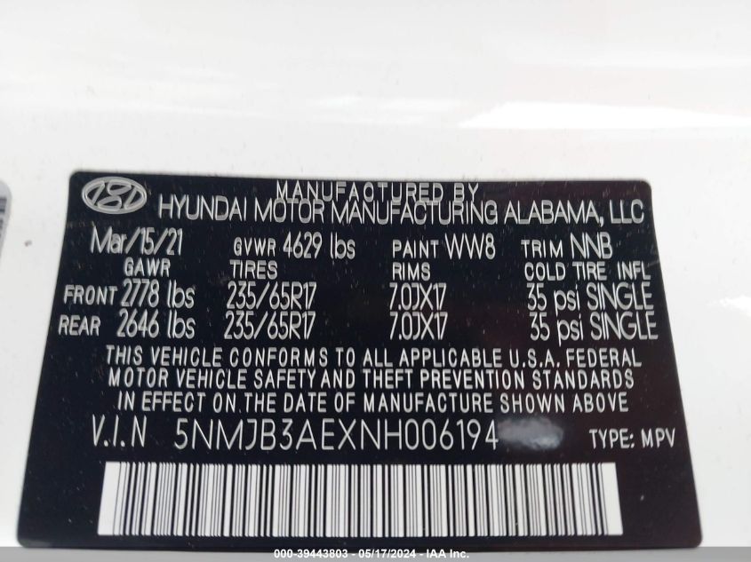 2022 Hyundai Tucson Sel VIN: 5NMJB3AEXNH006194 Lot: 39443803