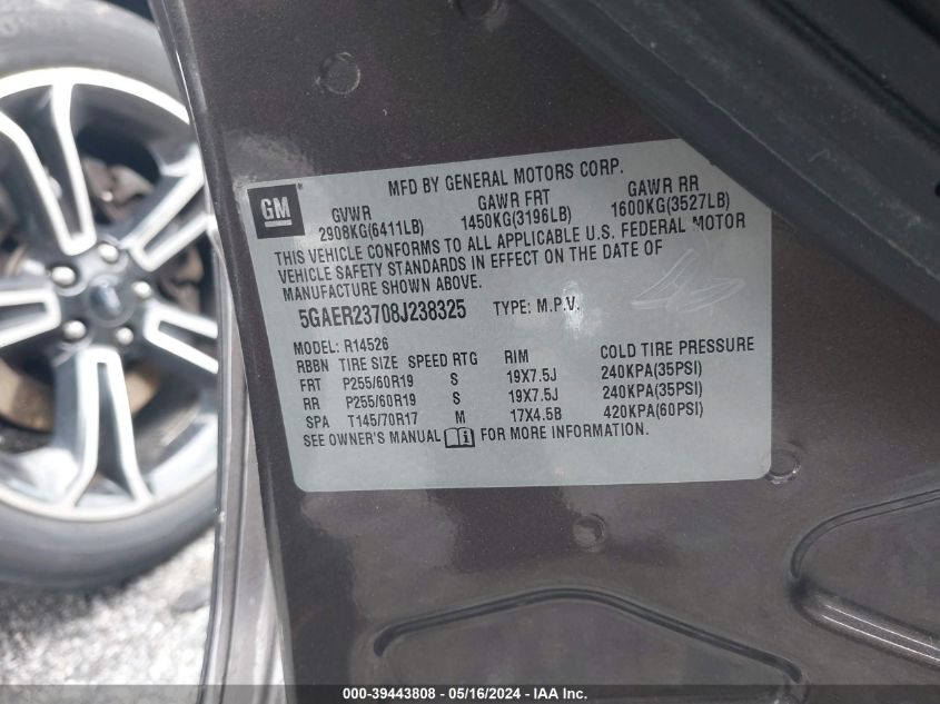 2008 Buick Enclave Cxl VIN: 5GAER23708J238325 Lot: 39443808