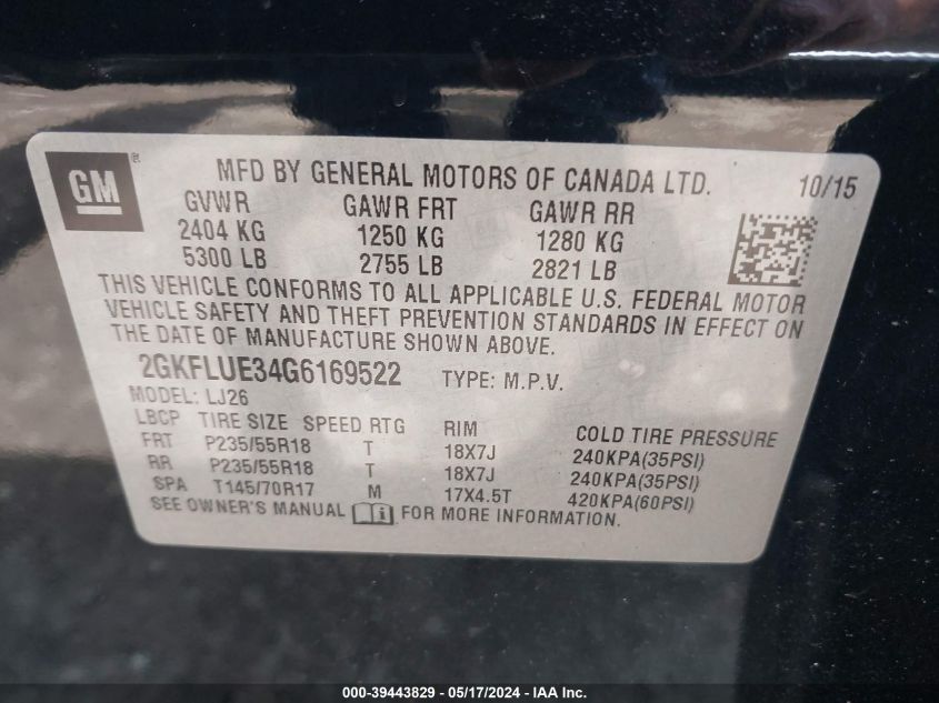 2016 GMC Terrain Slt VIN: 2GKFLUE34G6169522 Lot: 39443829