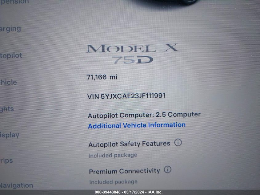 2018 Tesla Model X 100D/75D/P100D VIN: 5YJXCAE23JF111991 Lot: 39443848