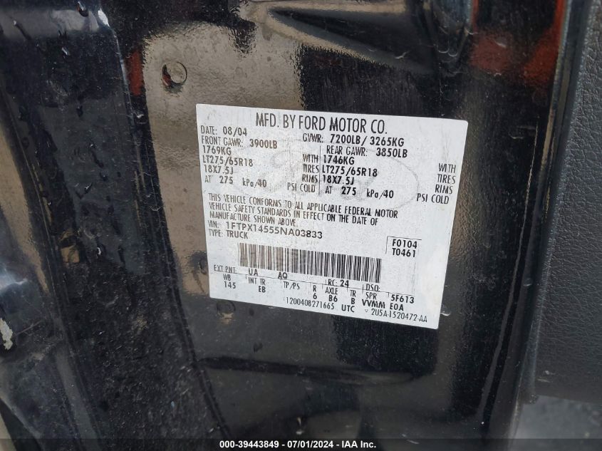 2005 Ford F-150 Fx4/Lariat/Xl/Xlt VIN: 1FTPX14555NA03833 Lot: 39443849