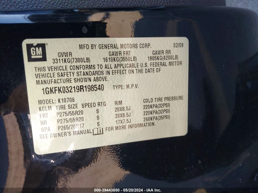 2009 GMC Yukon Denali VIN: 1GKFK03219R198540 Lot: 39443850