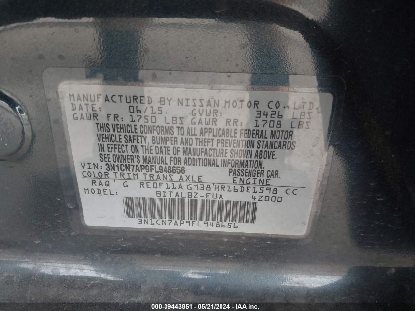 2015 Nissan Versa 1.6 Sv VIN: 3N1CN7AP9FL948656 Lot: 39443851