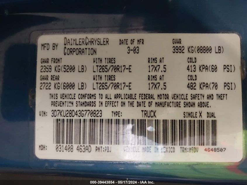 2003 Dodge Ram 2500 Slt/Laramie/St VIN: 3D7KU28D43G770823 Lot: 39443854