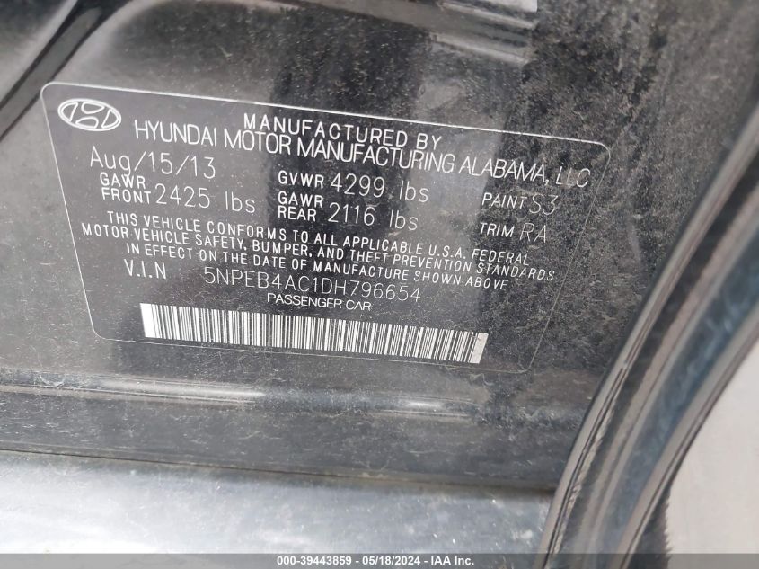 2013 Hyundai Sonata Gls VIN: 5NPEB4AC1DH796654 Lot: 39443859