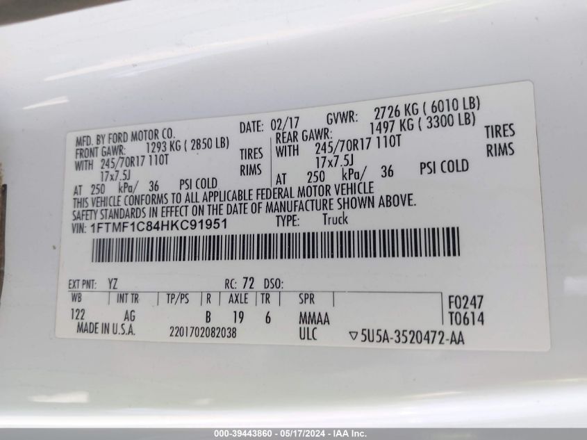 2017 Ford F-150 Xl VIN: 1FTMF1C84HKC91951 Lot: 39443860