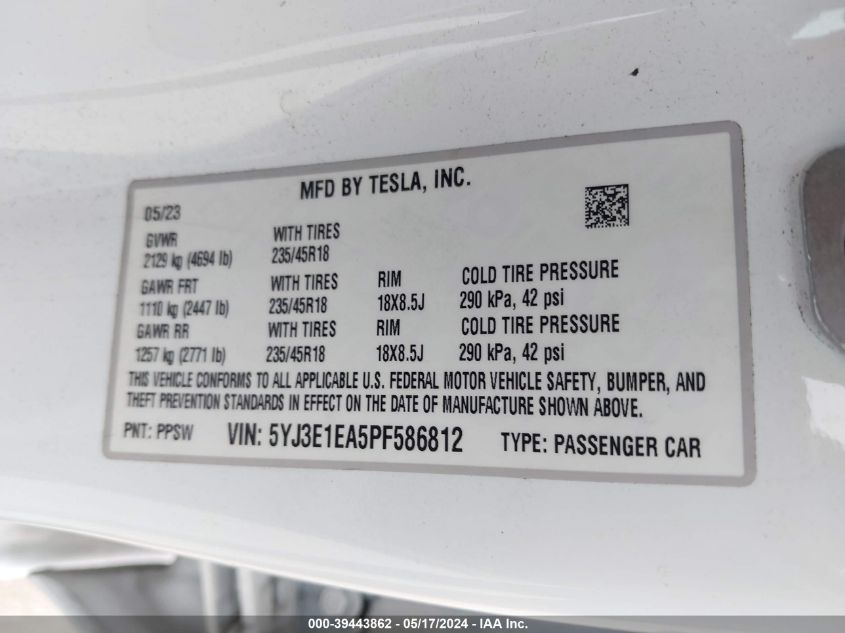 2023 TESLA MODEL 3 - 5YJ3E1EA5PF586812