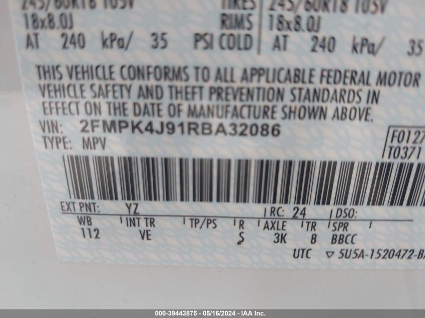 2024 Ford Edge Sel VIN: 2FMPK4J91RBA32086 Lot: 39443875