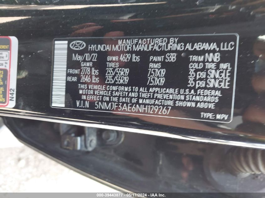 2022 Hyundai Tucson Sel VIN: 5NMJF3AE6NH129267 Lot: 39443877