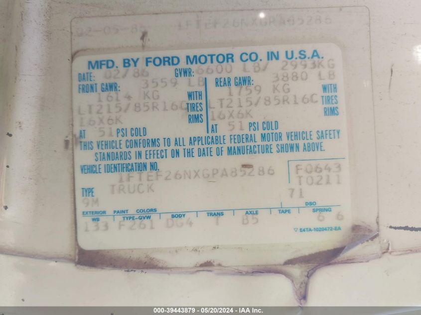 1986 Ford F250 VIN: 1FTEF26NXGPA85286 Lot: 39443879