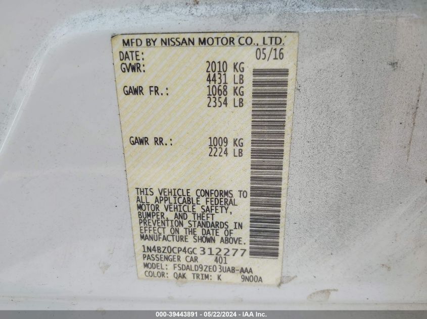 2016 Nissan Leaf Sv VIN: 1N4BZ0CP4GC312277 Lot: 39443891