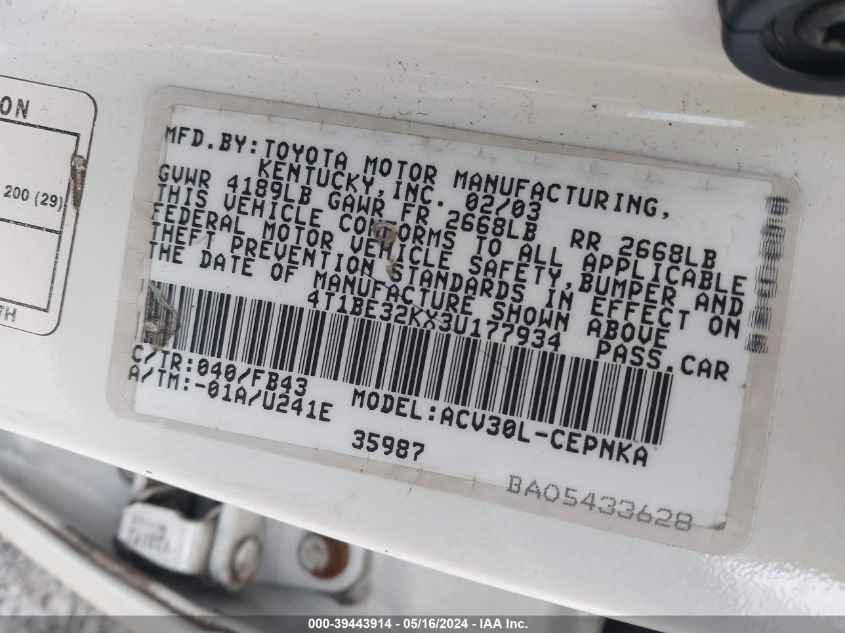 2003 Toyota Camry Le VIN: 4T1BE32KX3U177934 Lot: 39443914