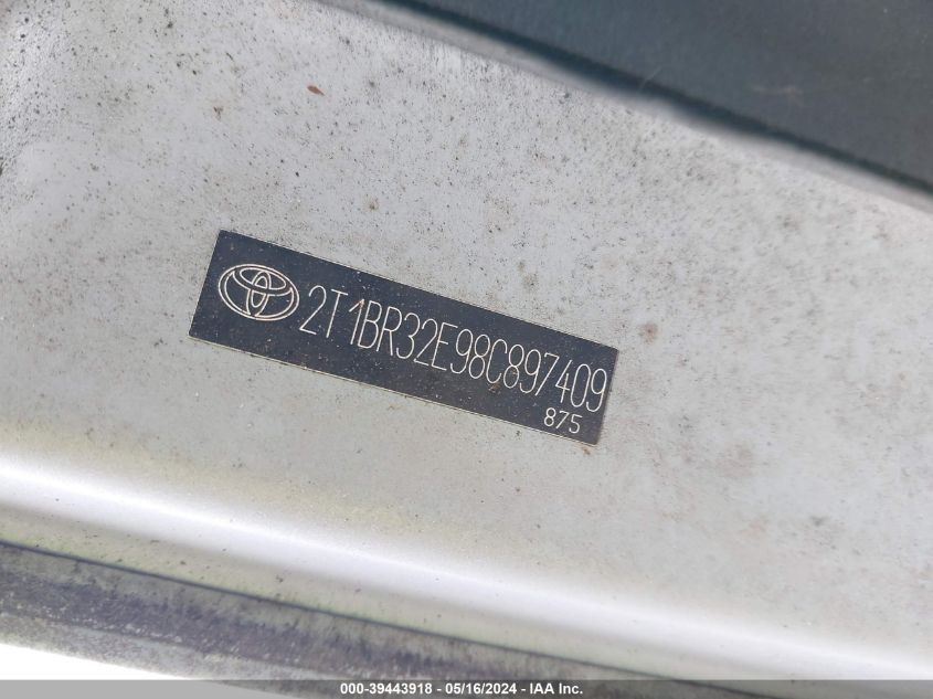 2008 Toyota Corolla Ce VIN: 2T1BR32E98C897409 Lot: 39443918