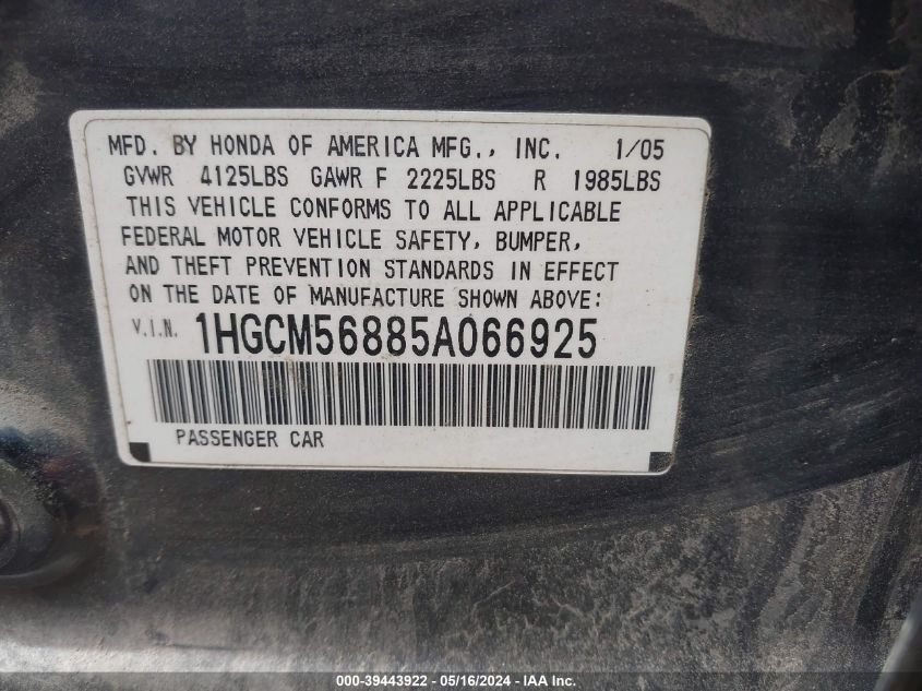 2005 Honda Accord 2.4 Ex VIN: 1HGCM56885A066925 Lot: 39443922