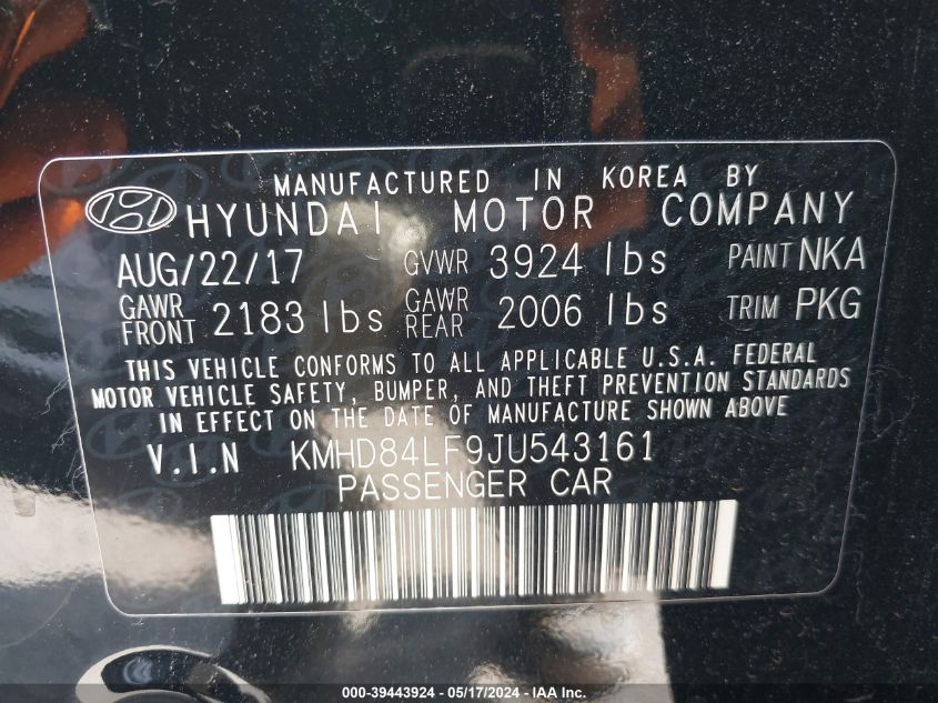 2018 Hyundai Elantra Sel/Value/Limited VIN: KMHD84LF9JU543161 Lot: 39443924